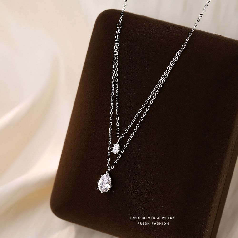 S925纯银双层叠戴水滴项链女爆闪设计感时尚百搭人鱼之泪锁骨链