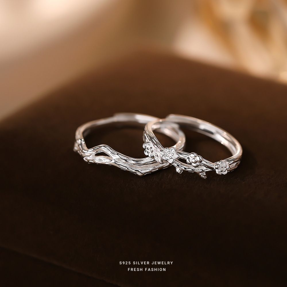 一气连枝繁花情侣戒指S925纯银情人节礼物INS风时尚百搭素银对戒