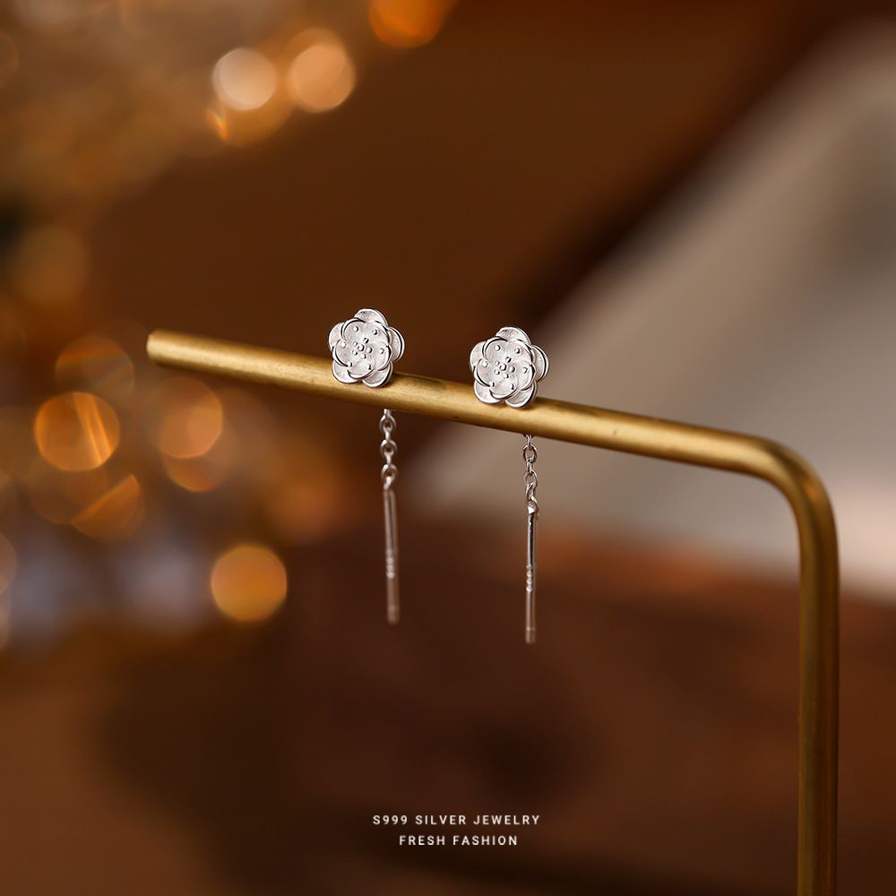 小清新百搭s999纯银山茶花耳钉女轻奢优雅花朵耳线足银耳饰