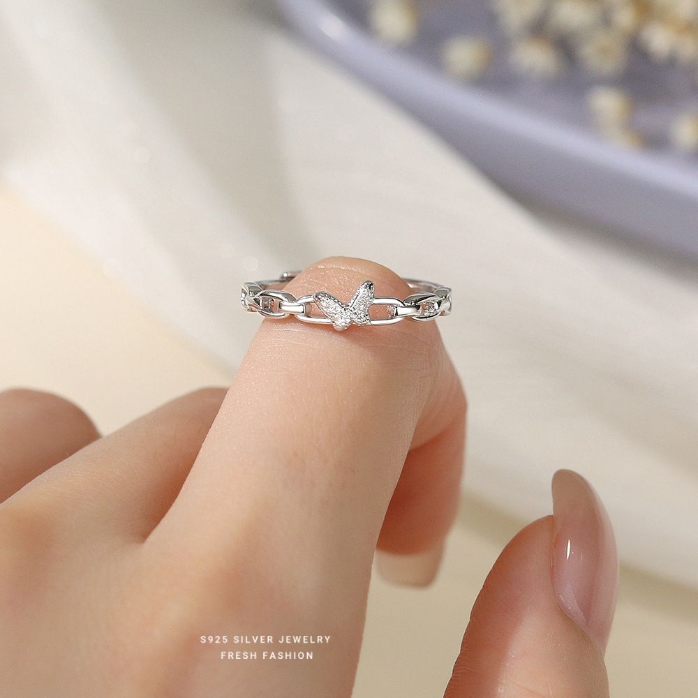 S925纯银韩系ins简约蝴蝶戒指女小众设计锁链感光面活口食指戒银