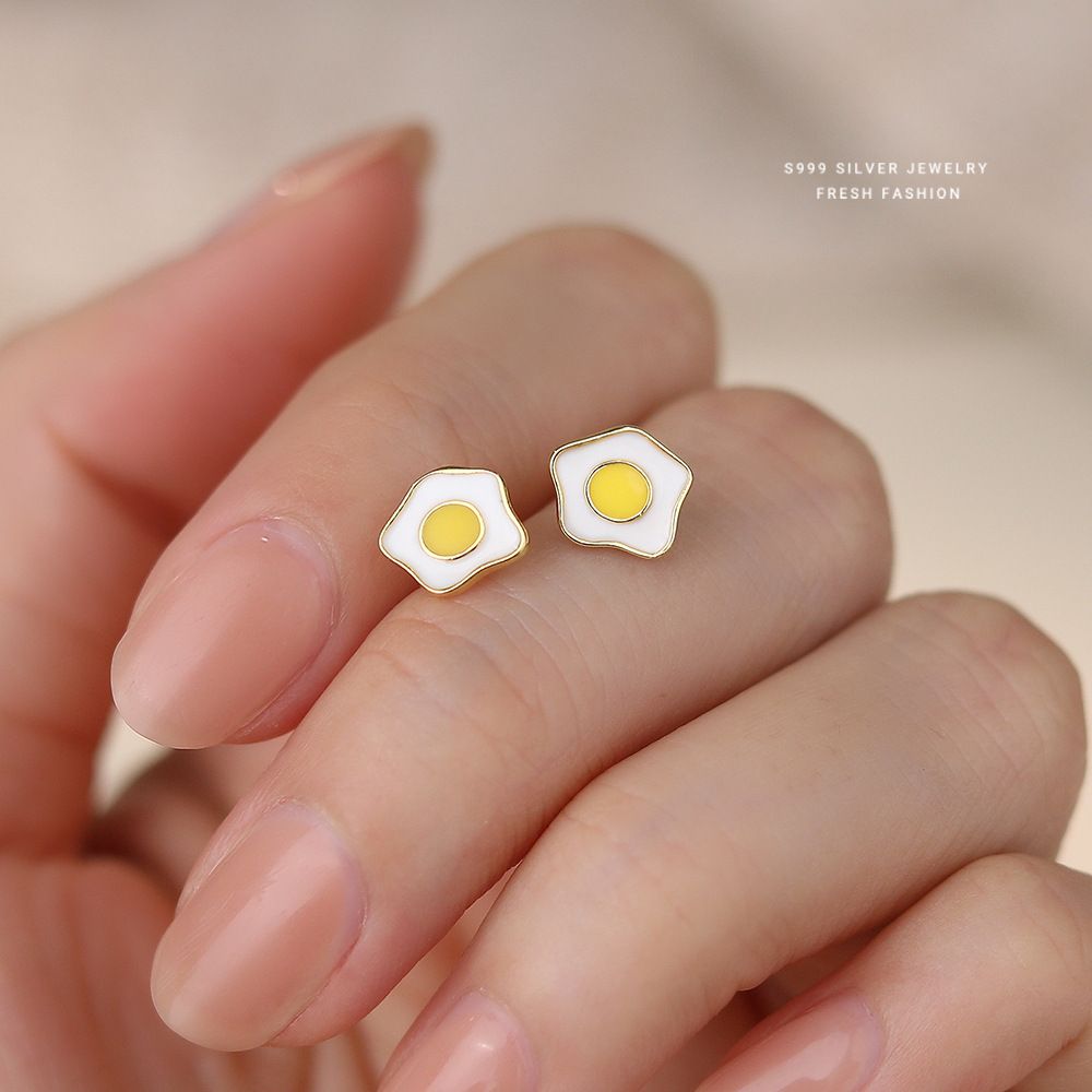 可爱趣味荷包蛋耳钉女s999纯银日韩时尚百搭ins煎蛋耳饰足银代发