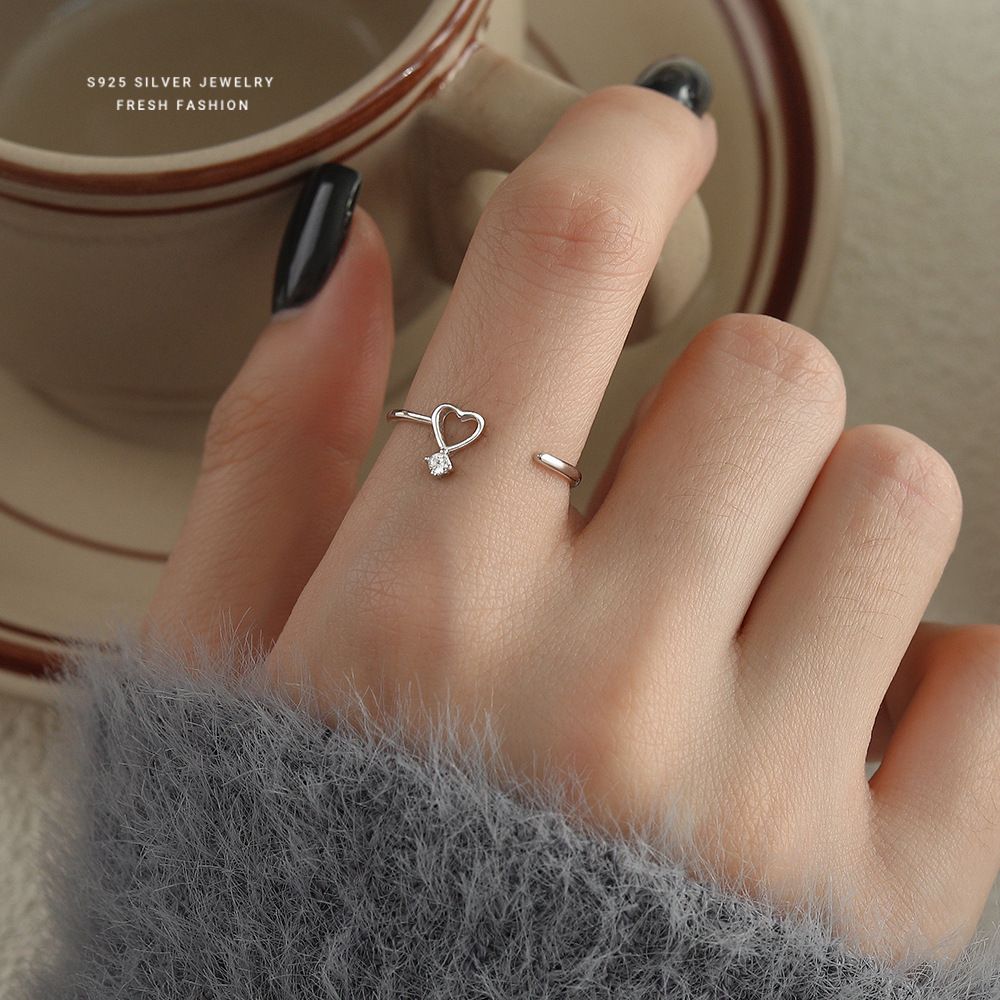 甜美镂空爱心锆石戒指女s925纯银简约轻奢食指戒百搭高级感指环