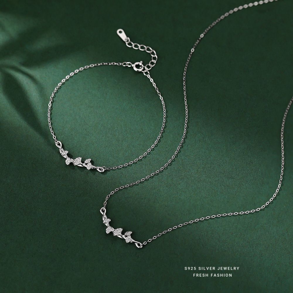 三生有杏S925纯银杏叶吊坠项链女锆石满天星小众设计感锁骨链