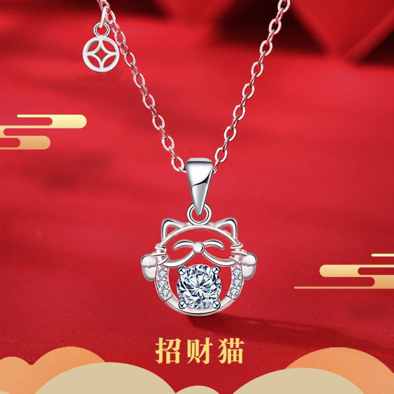 原创设计银饰新年中国风项链925纯银饰品diy招财猫莫桑钻吊坠配件