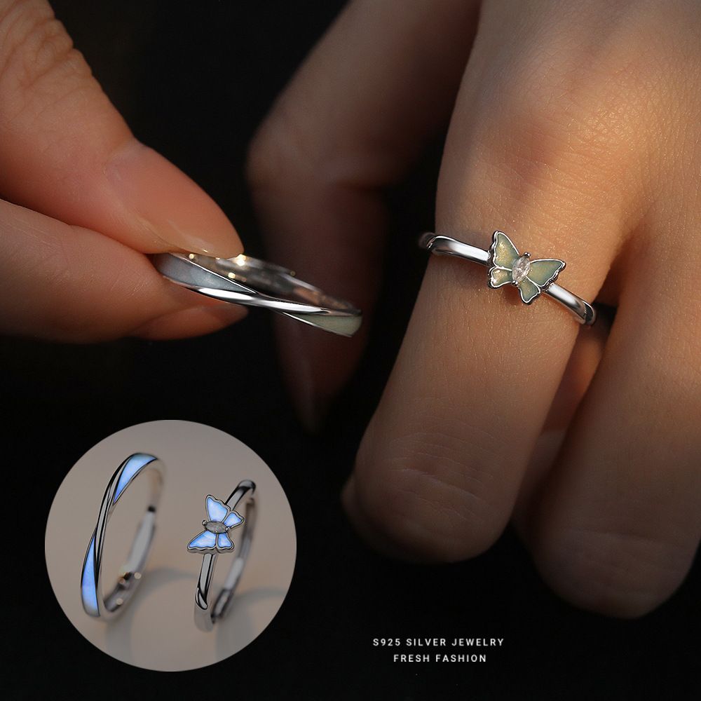 夜光蝴蝶情侣戒指s925纯银小众设计时尚百搭荧光滴胶对戒森系指环