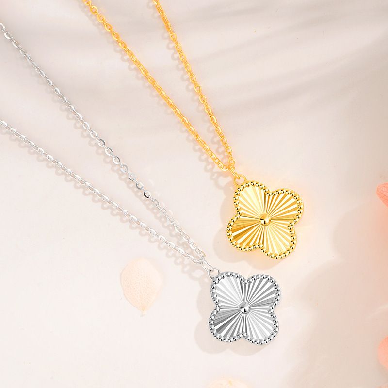 S990纯银幸运四叶草双面项链车花镭射感四叶草吊坠轻奢锁骨链