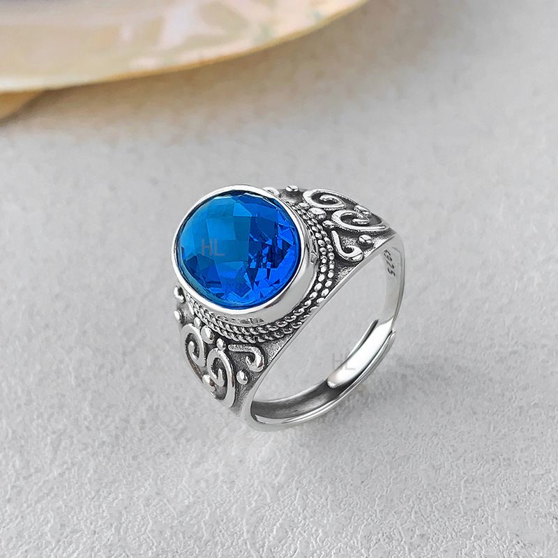 欧美S925纯银光面蓝宝石花纹精致戒指男新款轻奢高级感潮ins指环