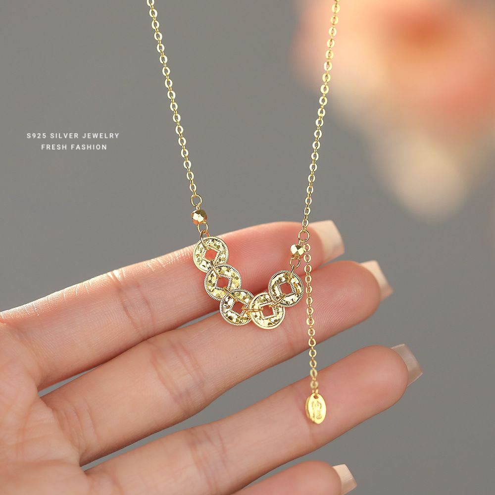 新中式碎碎冰五帝币铜钱项链女s925纯银轻奢国潮招财纳福锁骨链