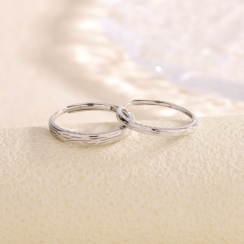 新款S999纯银岁月印记情侣戒指韩版轻奢简约可调节青丝男女对戒