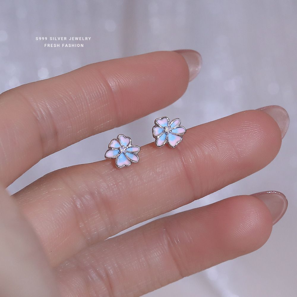 森系欧泊粉梦幻花朵耳钉女s999纯银小清新不对称滴胶足银耳饰百搭