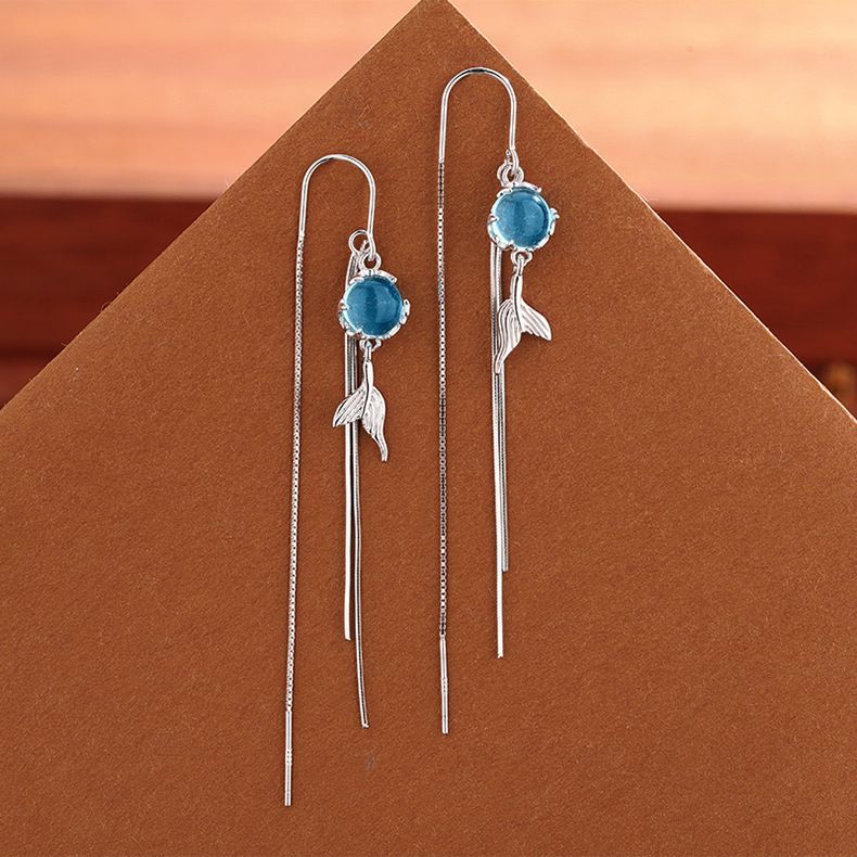 s925纯银水晶流苏耳环女 韩国气质鱼尾耳线显瘦脸耳坠耳饰246EX