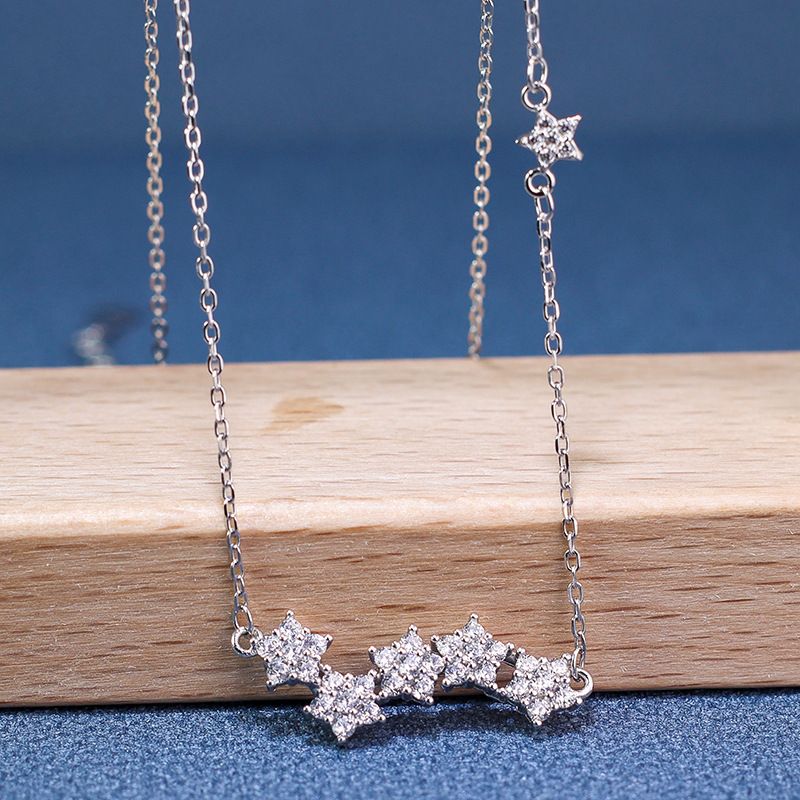 清仓S925纯银项链女 百搭满钻星星锁骨链韩版轻奢感五角星吊坠