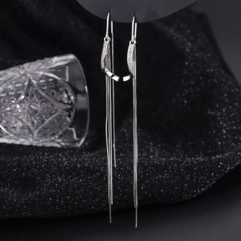 S925纯银波浪菱形流苏耳线高级感轻奢时尚耳环女流苏长款耳饰