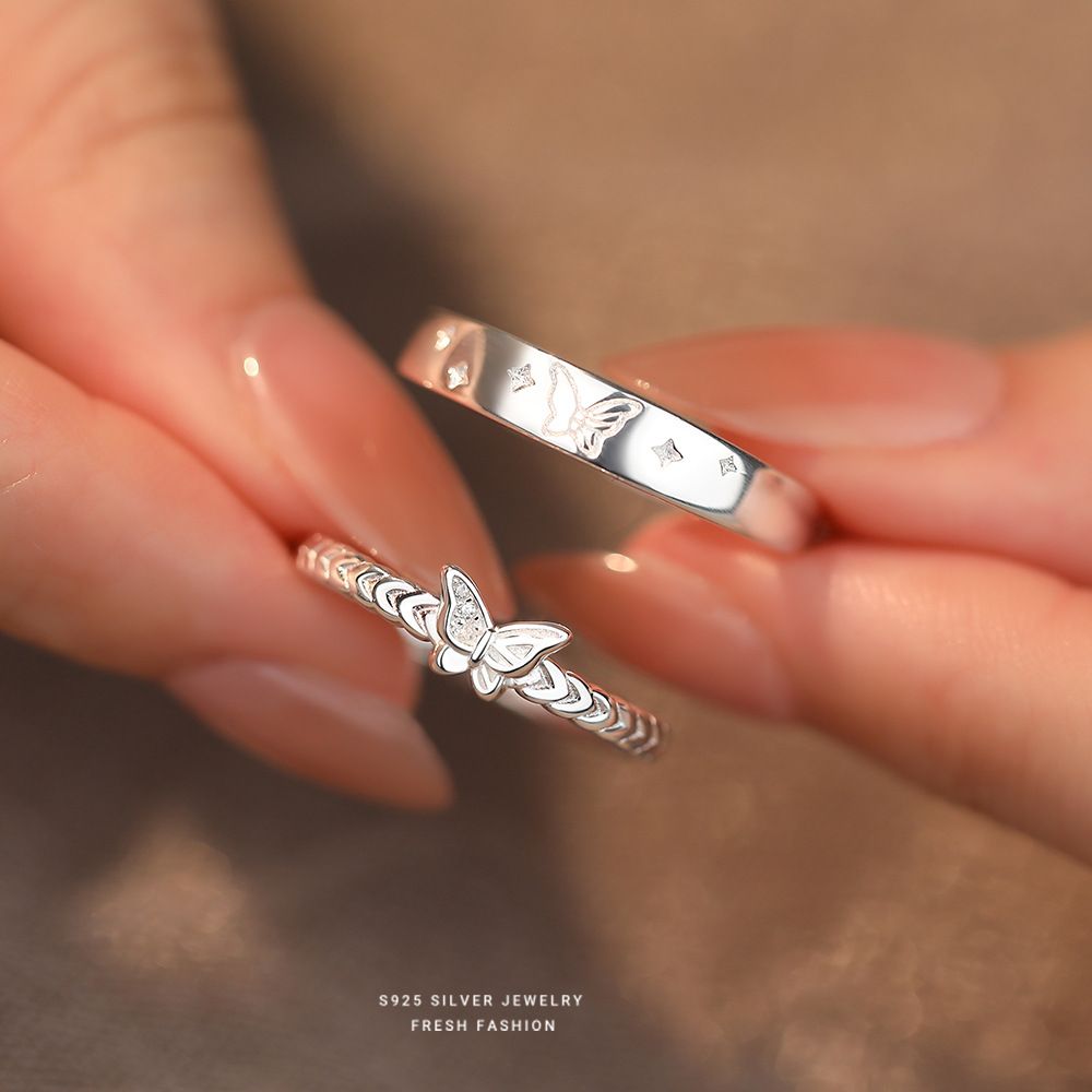 s925纯银甜美蝴蝶情侣戒指开口可调节指环小众设计感对戒星星手饰