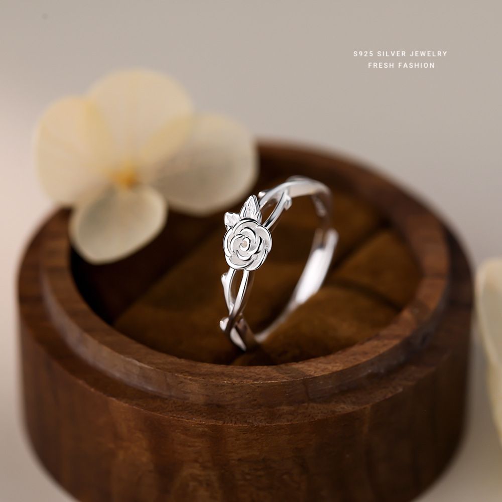 S925纯银玫瑰花戒指女活口可调节ins小众设计时尚简约开口指环