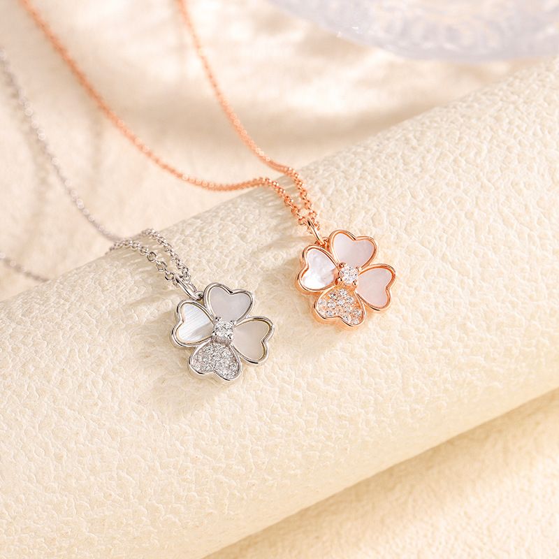 S925纯银白贝母四叶草项链女新款情人节礼物百搭锁骨链银饰送女友