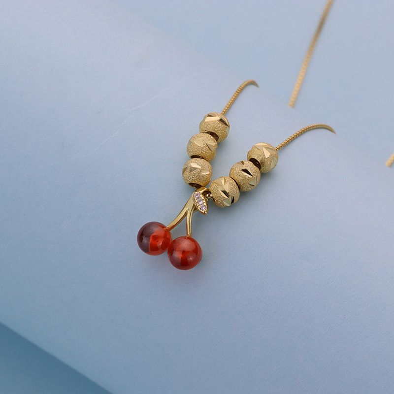 S925纯银五福珠小樱桃项链女轻奢感百搭车花黄金色转运珠吊坠