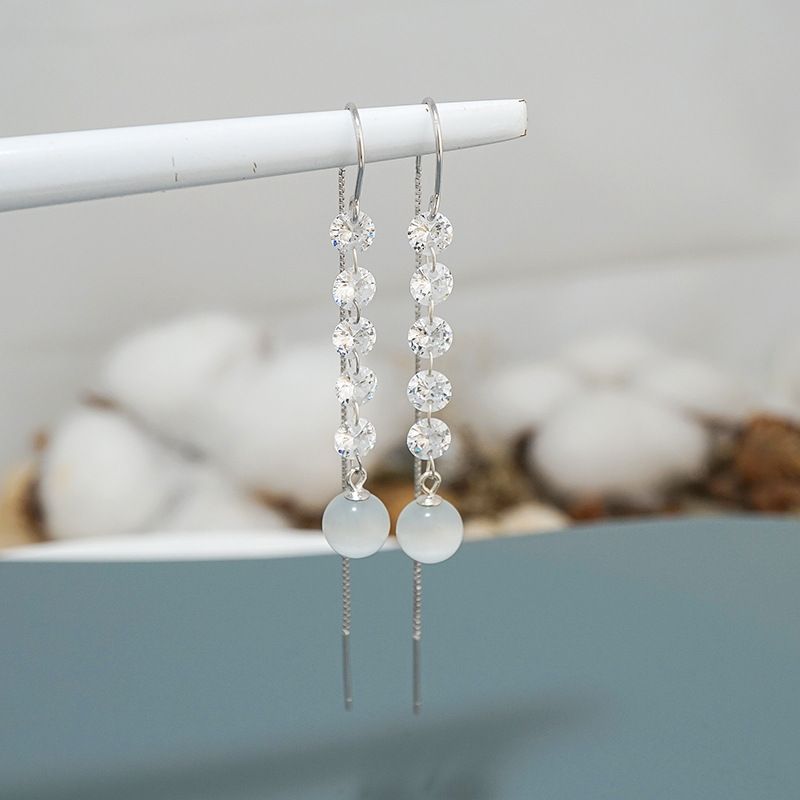 新款s925纯银女士耳环韩版气质防丢长款流苏耳坠猫眼石耳饰274EX