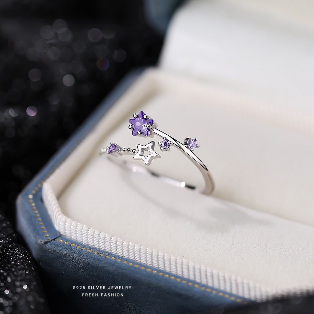 韩版轻奢紫色锆石星星戒指女s925纯银小众百搭小星愿指环可调节