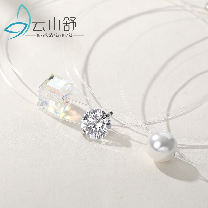 云小舒S925纯银莫桑石项链透明鱼线圆珠锆石吊坠女小清新锁骨链