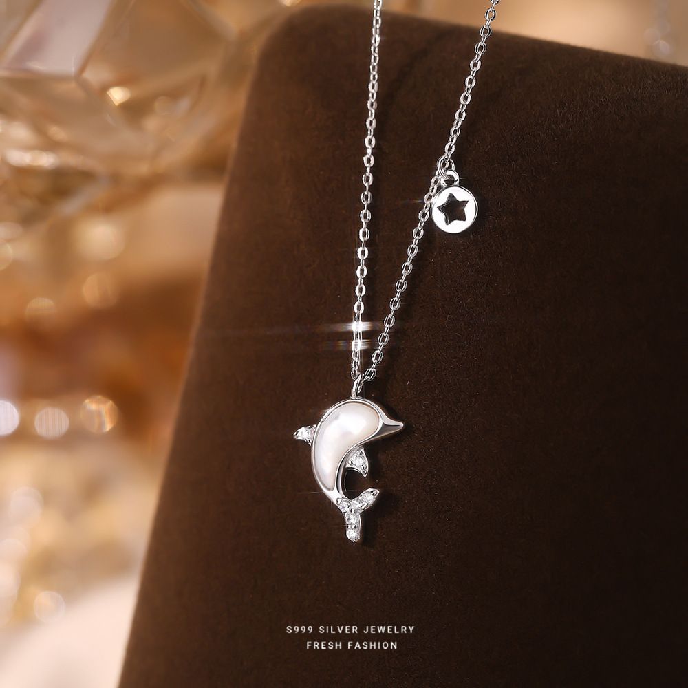 S999纯银白贝海豚吊坠项链女微镶锆石时尚经典情人节礼物锁骨链