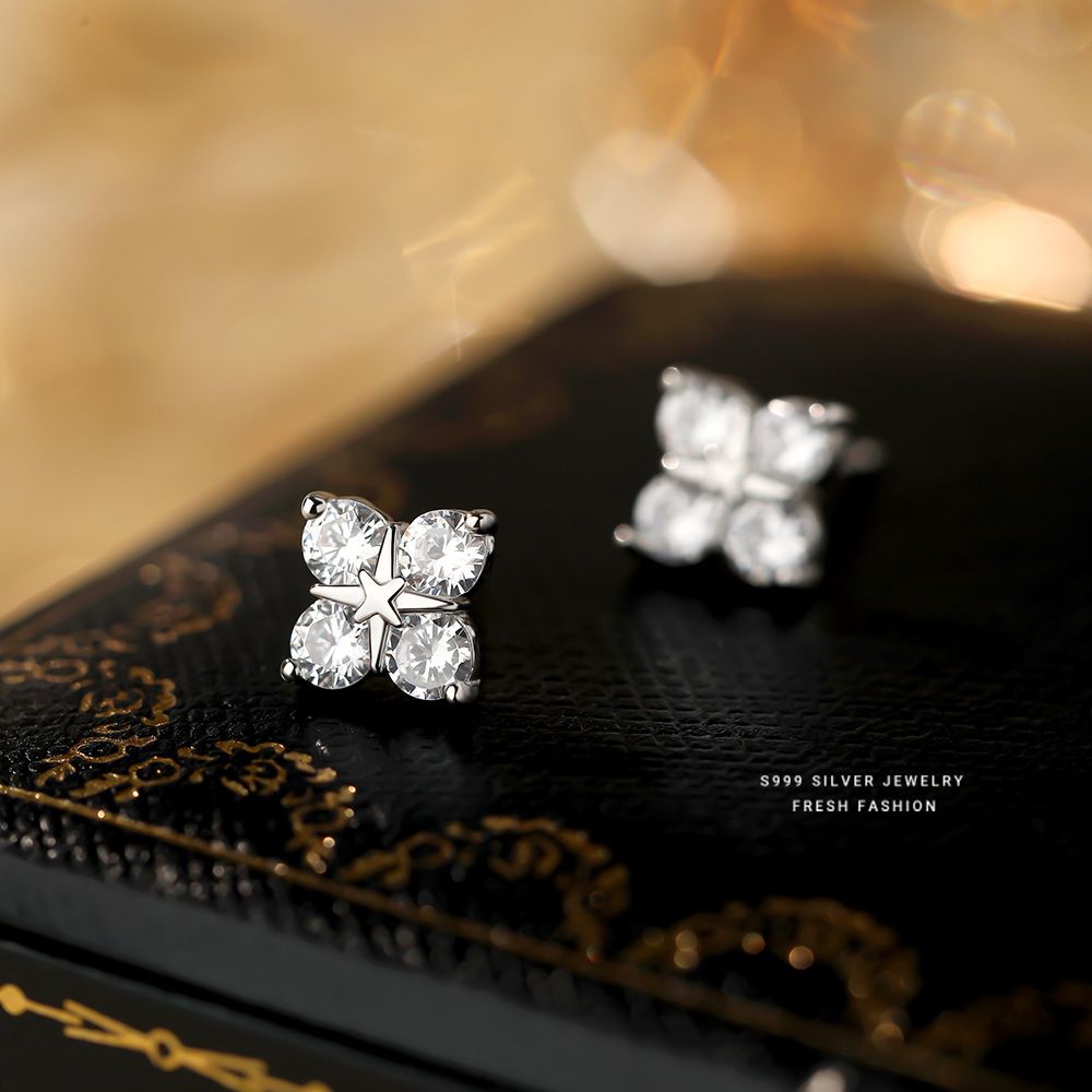 星芒四叶草黑色锆石耳钉女s999纯银轻奢高级感百搭足银水钻耳饰