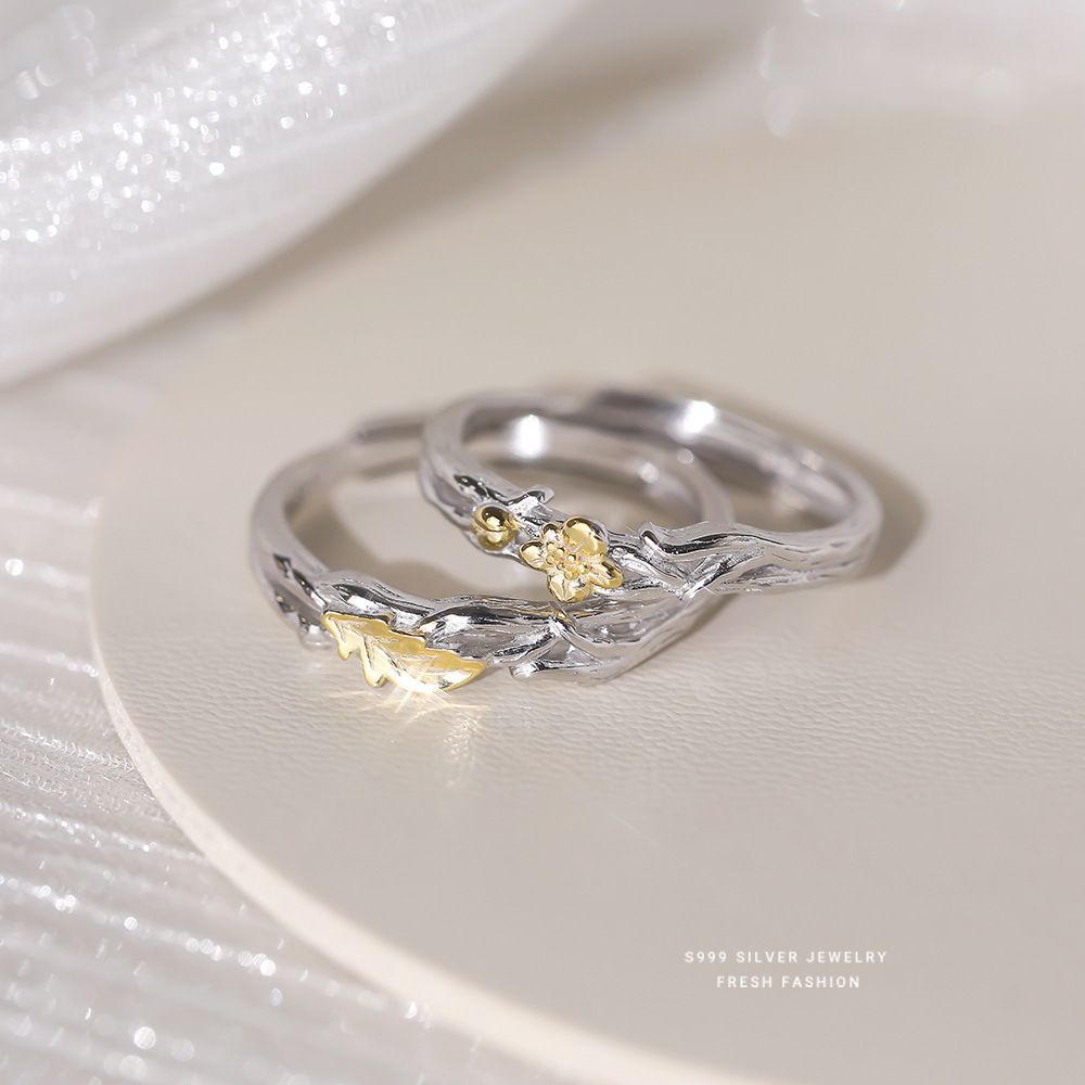 橡树与木棉情侣戒指s999纯银小众设计感轻奢开口对戒足银指环礼物