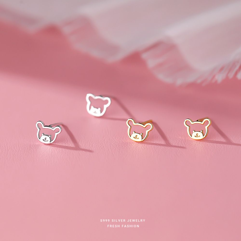 韩版小清新镂空可爱小熊耳钉女s999纯银简约百搭足银耳饰首饰代发