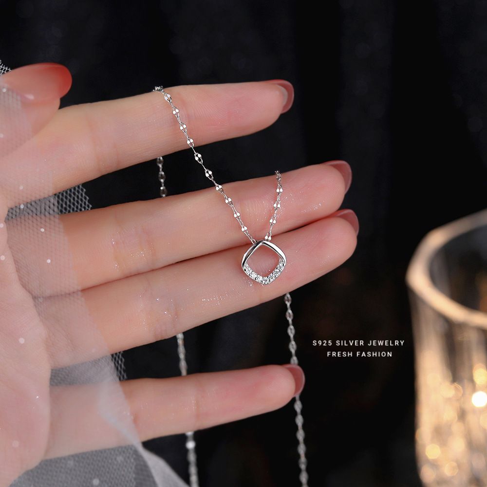 s925银波光粼粼几何菱形镶钻项链轻奢小清新女式简约风锁骨链代发