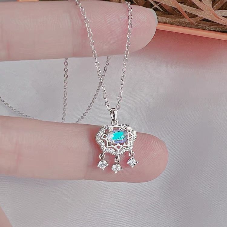 s999足银平安锁项链轻奢小众设计国风轻奢气质锆石月光石锁骨链