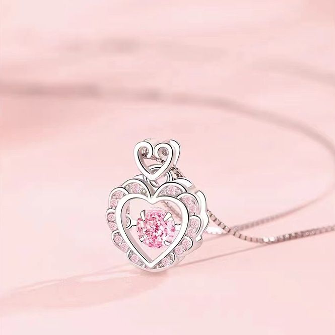 S925纯银锆石爱心灵动项链轻奢高级感小众设计微镶闪钻心形锁骨链