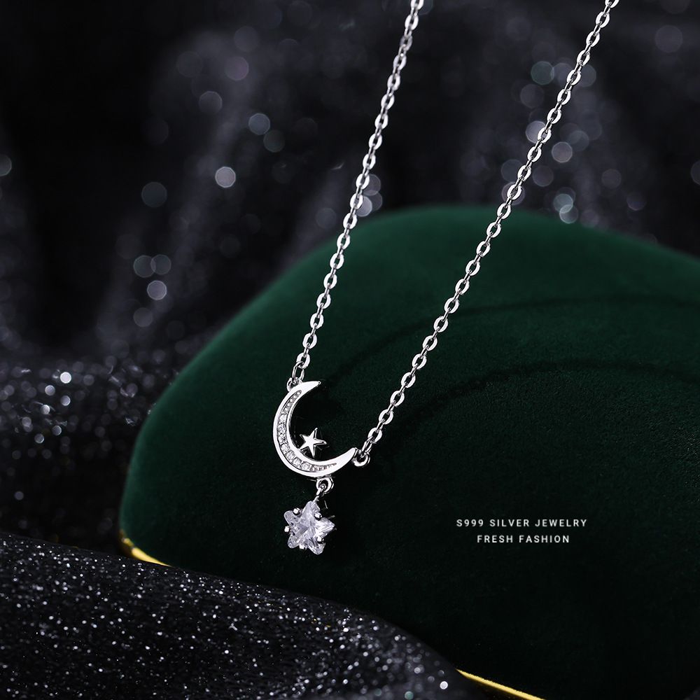 s999纯银星月项链女小众轻奢月亮锁骨链百搭星星锆石足银首饰代发