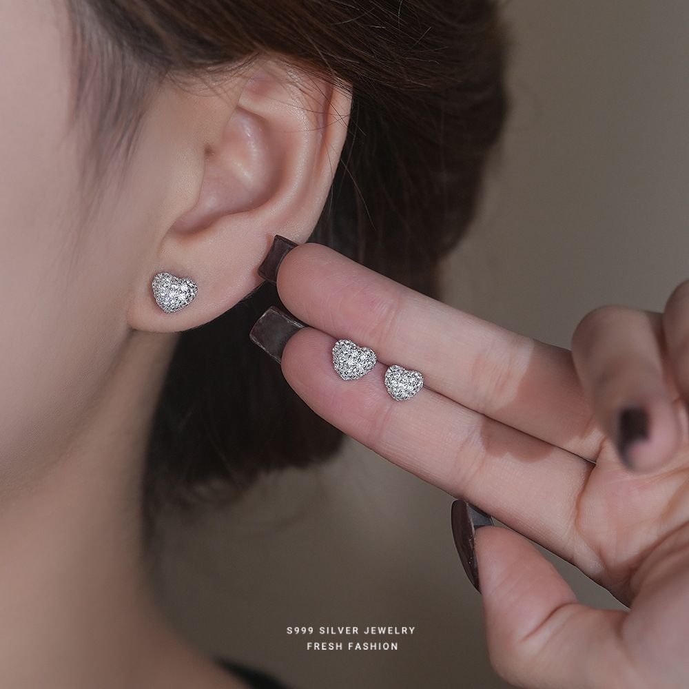 2025年新款潮s999纯银镶钻爱心耳钉超闪小众设计气质少女锆石耳坠
