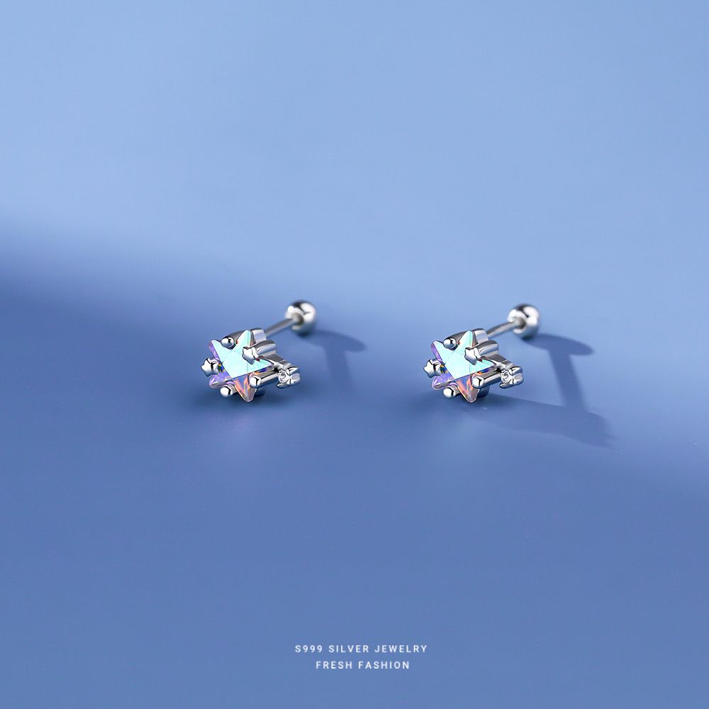 超闪幻彩石星星耳钉女s999纯银小清新螺纹针足银耳饰时尚百搭首饰