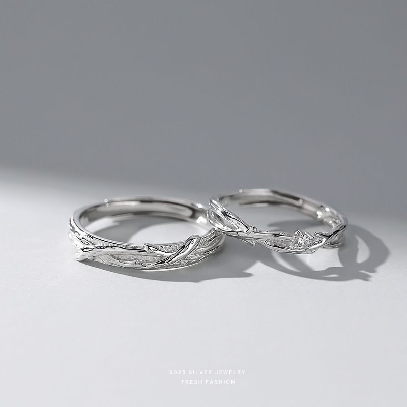 s925银木与枝七夕情侣对戒国潮小众设计戒指简约锆石男女指环