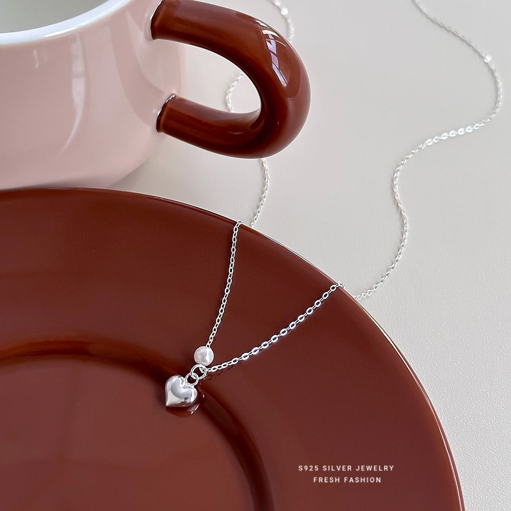 s925纯银圆珠爱心项链女轻奢心形时尚甜美温柔简约锁骨链韩版小众