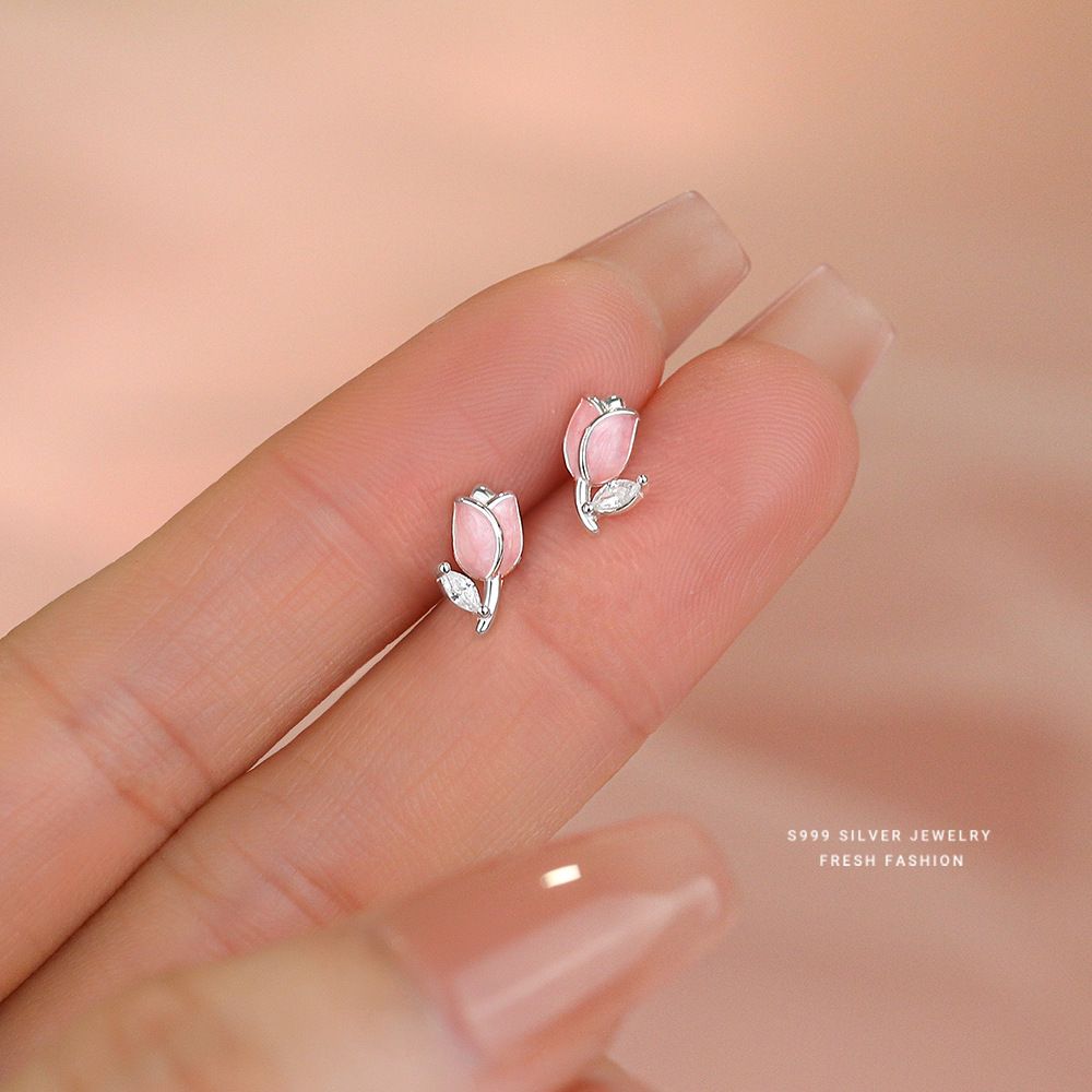 森系小清新郁金香耳钉女s999纯银迷你可爱粉色滴胶足银花朵耳饰