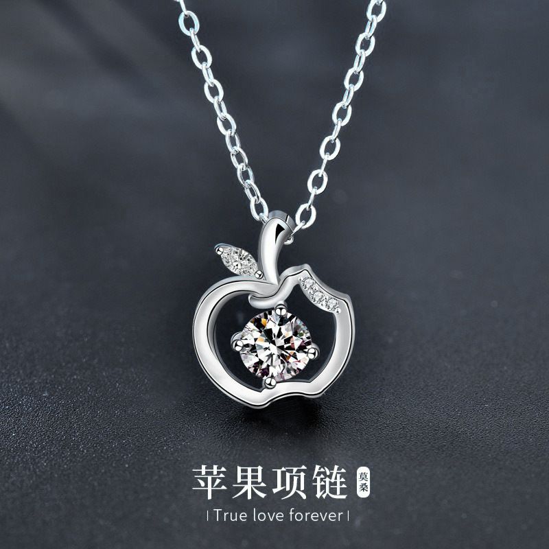 原创设计925项链女生純銀苹果锁骨莫桑石吊坠平安夜礼物饰品