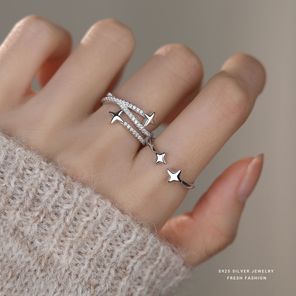 韩版微镶锆石四芒星戒指女s925纯银轻奢小众食指戒百搭高级感指环