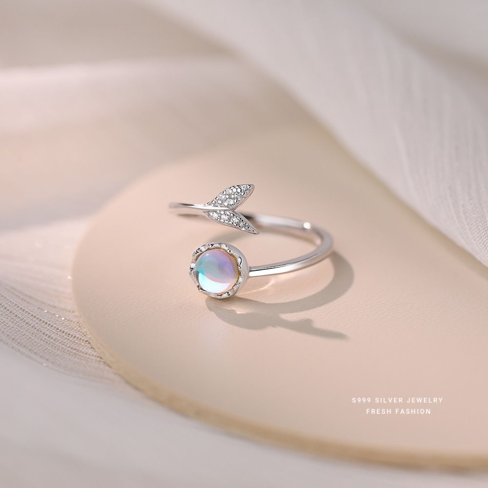 S999纯银韩版人鱼极光戒指女ins风鱼尾月光石指环开口气质百搭