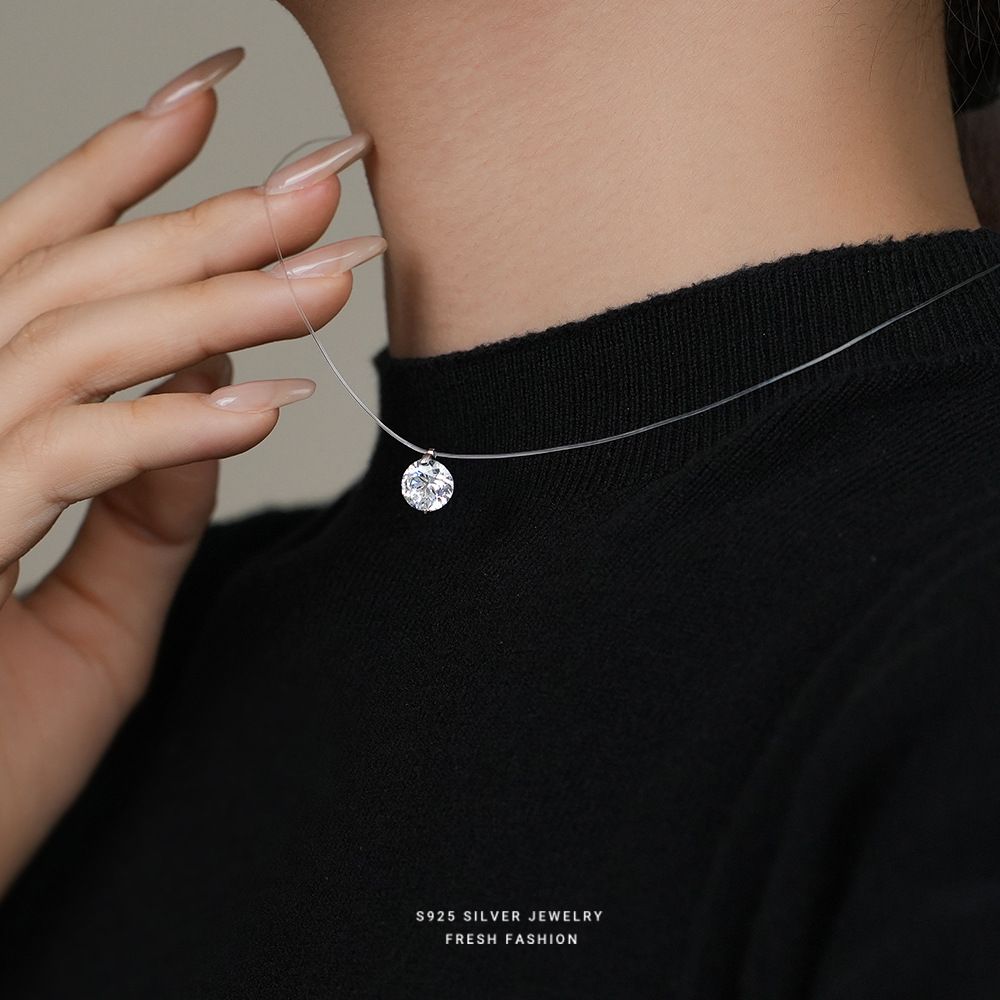 纯银隐形鱼线莫桑石项链女锁骨链人鱼精灵的眼泪吊坠单钻森系颈链
