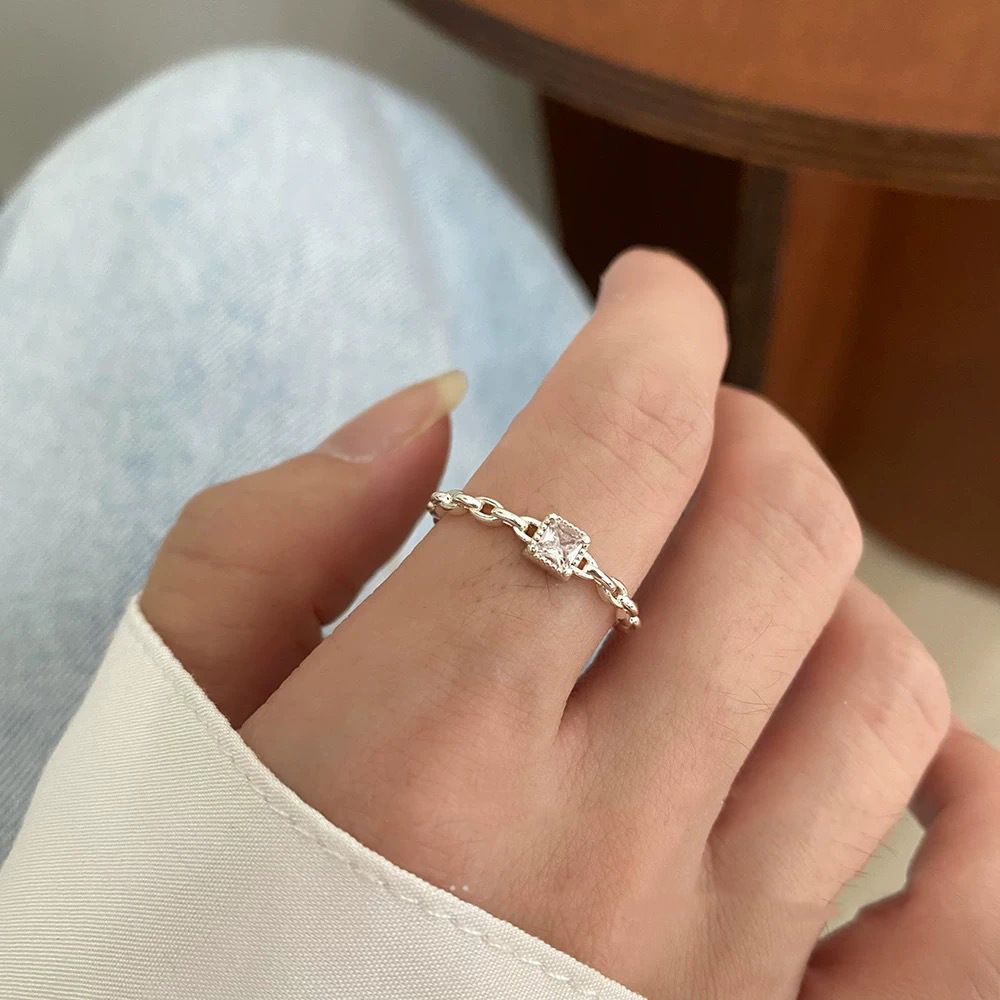 S925纯银方钻素戒女开口戒女冷淡风轻奢高级小众指环简约戒指指环