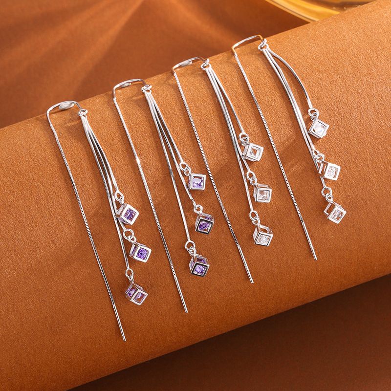 S925纯银魔方镶钻方块流苏耳环耳线轻奢时尚女长款流苏气质耳饰