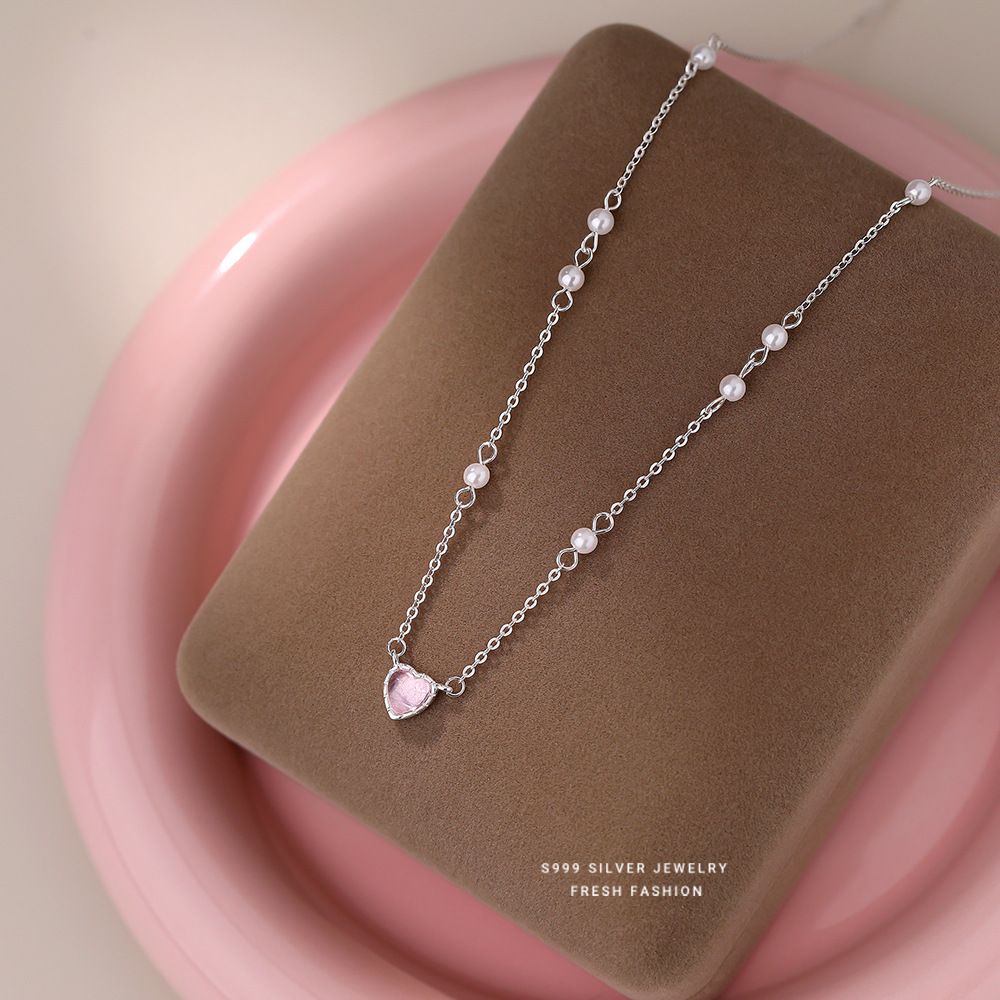 S999纯银甜美爱心珍珠项链女粉色少女童趣锁骨链小众设计时尚百搭