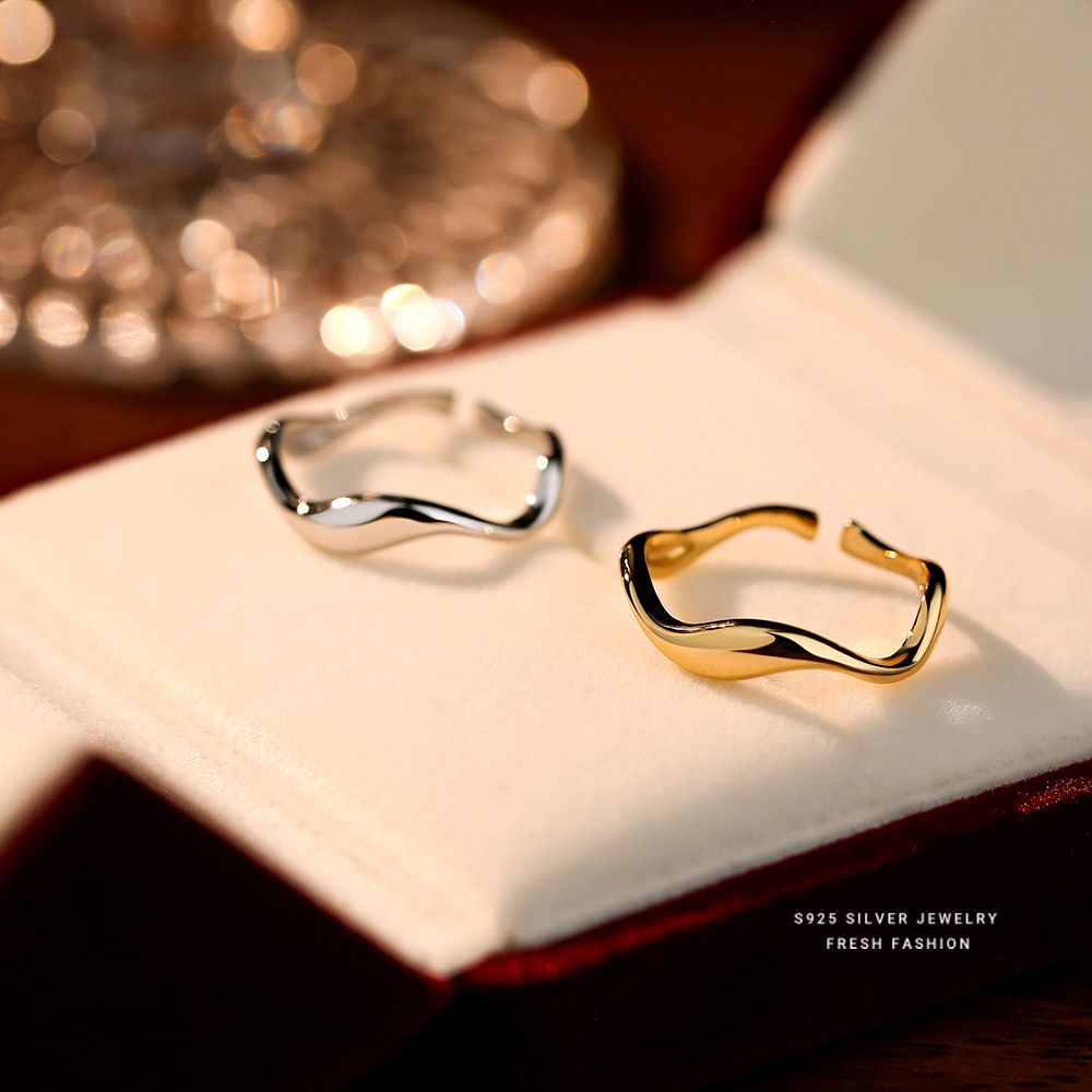 s925纯银几何波浪戒指女简约高级网红风极简百搭不规则开口戒