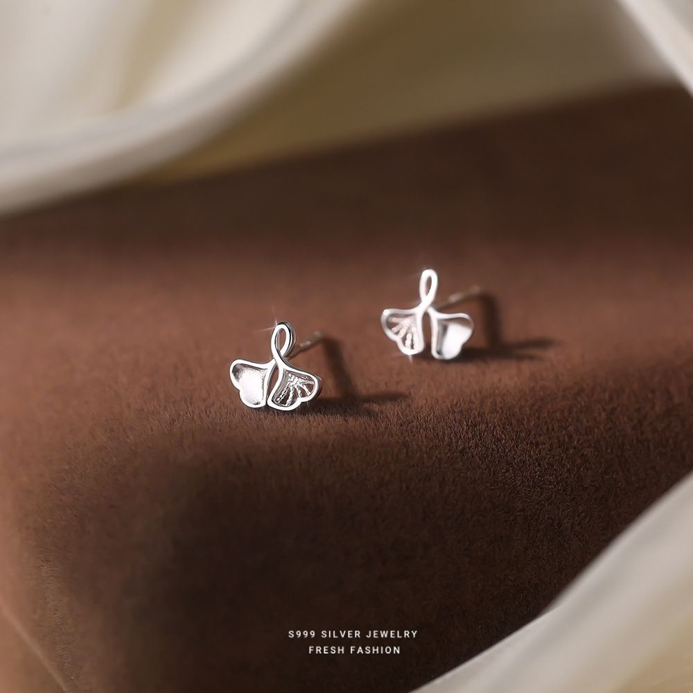 2025新款小幸运S999纯银杏叶耳钉女镂空简约时尚百搭小众素银耳环