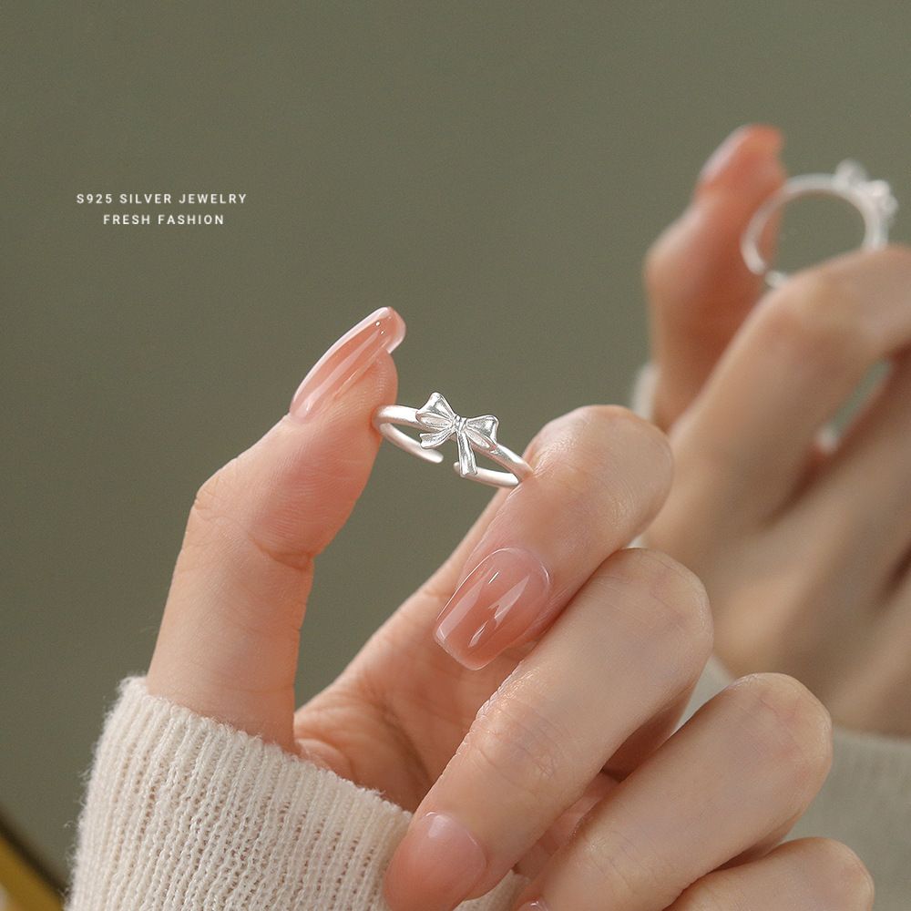 甜美风蝴蝶结戒指女s925纯银小清新百搭开口可调节指环小红书同款