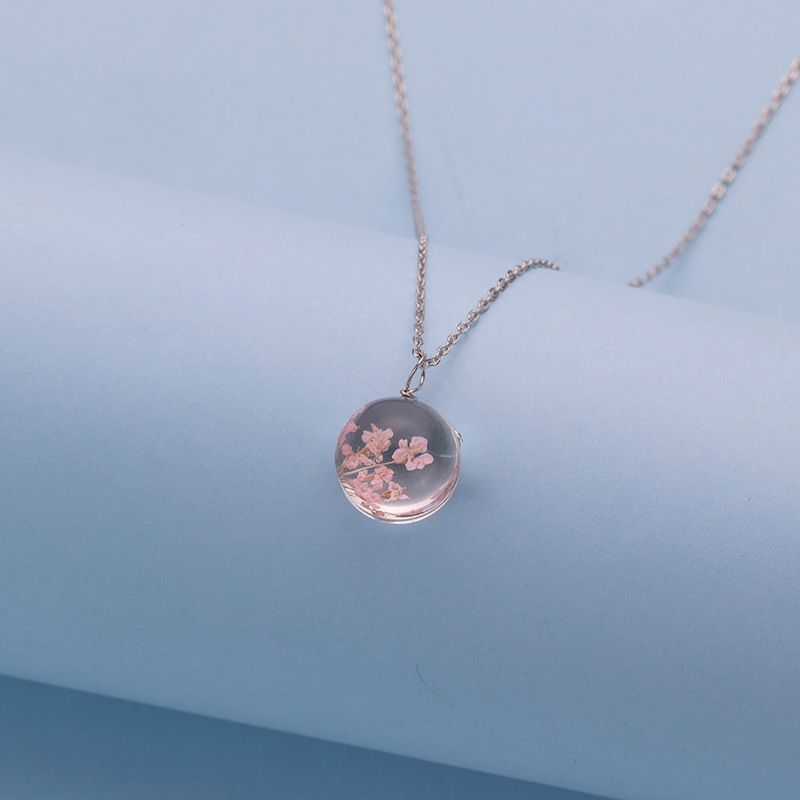 清仓S925纯银粉色草莓晶桃花项链女韩版轻奢感透明水晶球吊坠