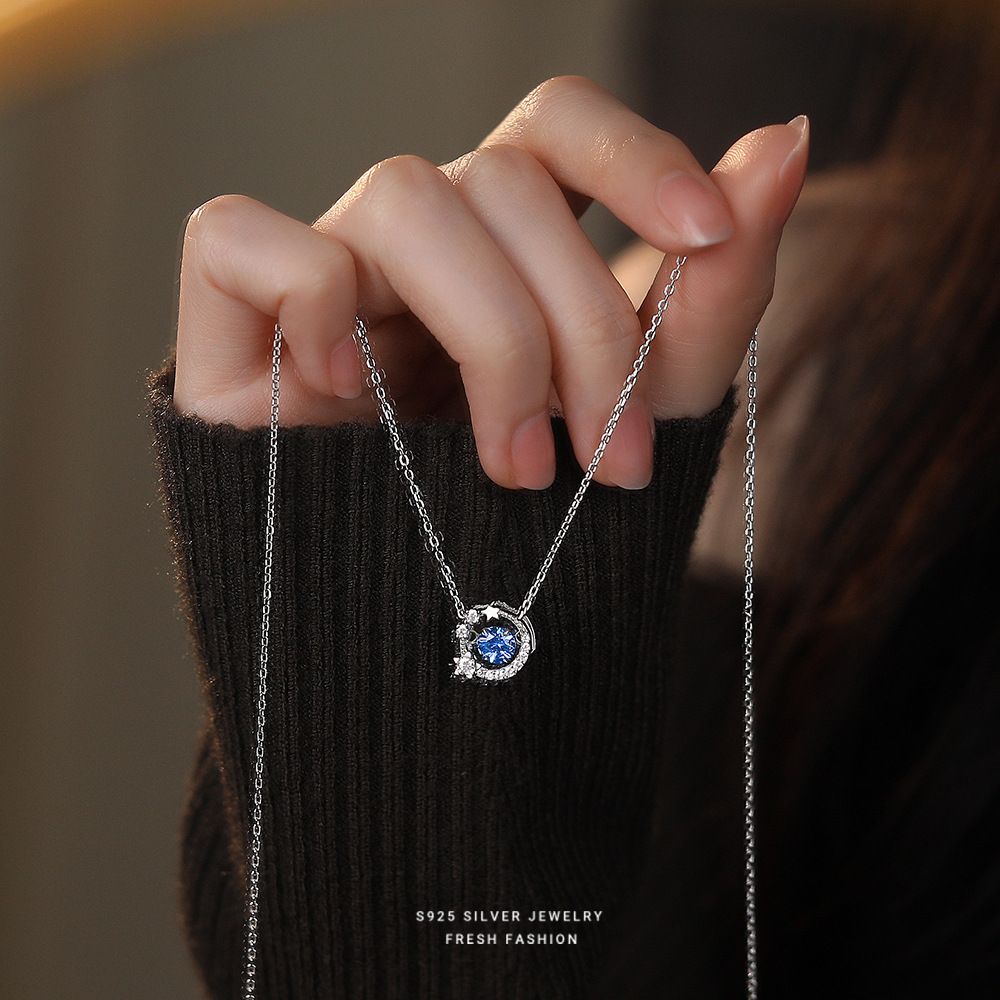 s925纯银跳动的心项链女轻奢百搭气质星星灵动锁骨链蓝色锆石首饰