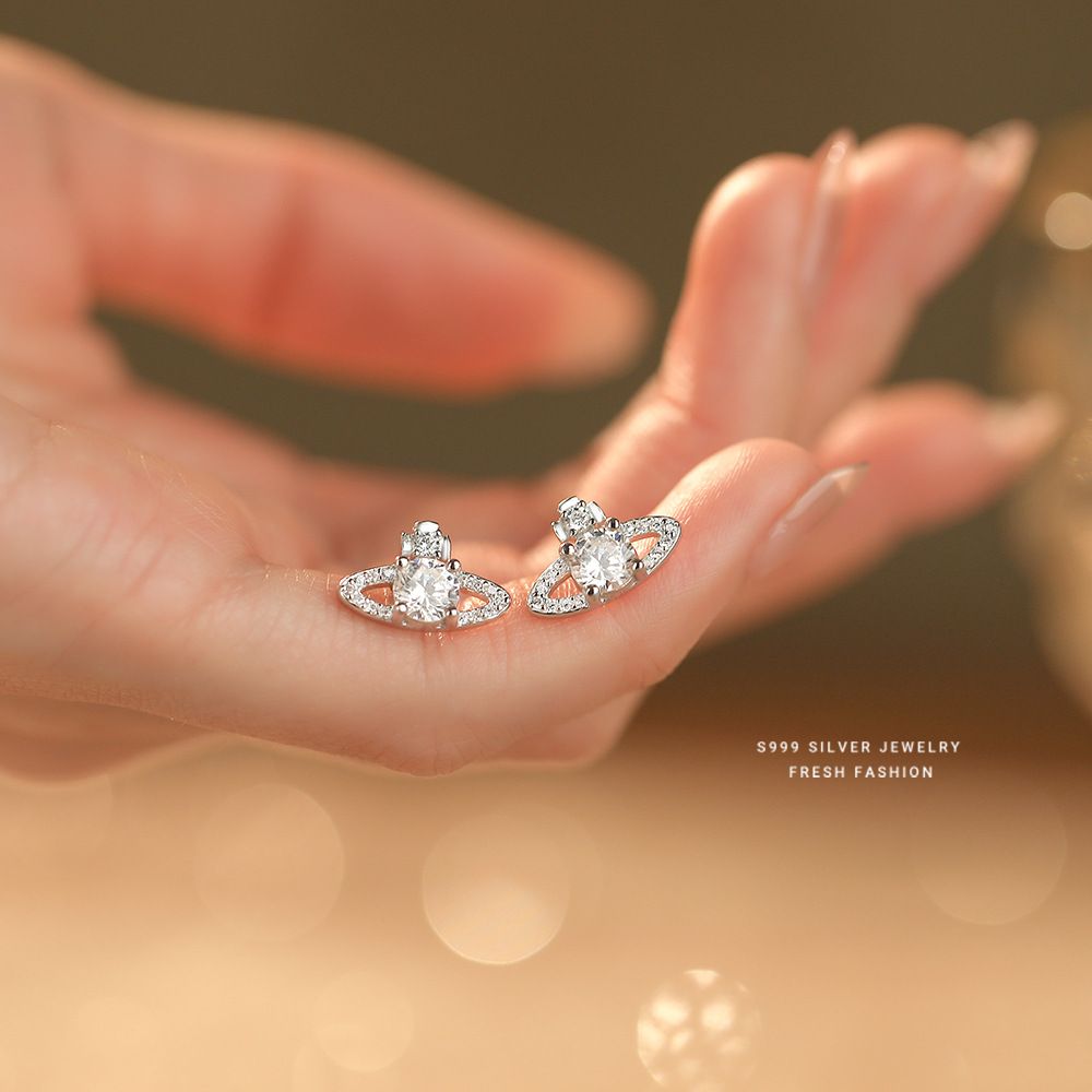 韩式轻奢超闪锆石星球耳钉女s999纯银气质时尚百搭高级感足银耳钉